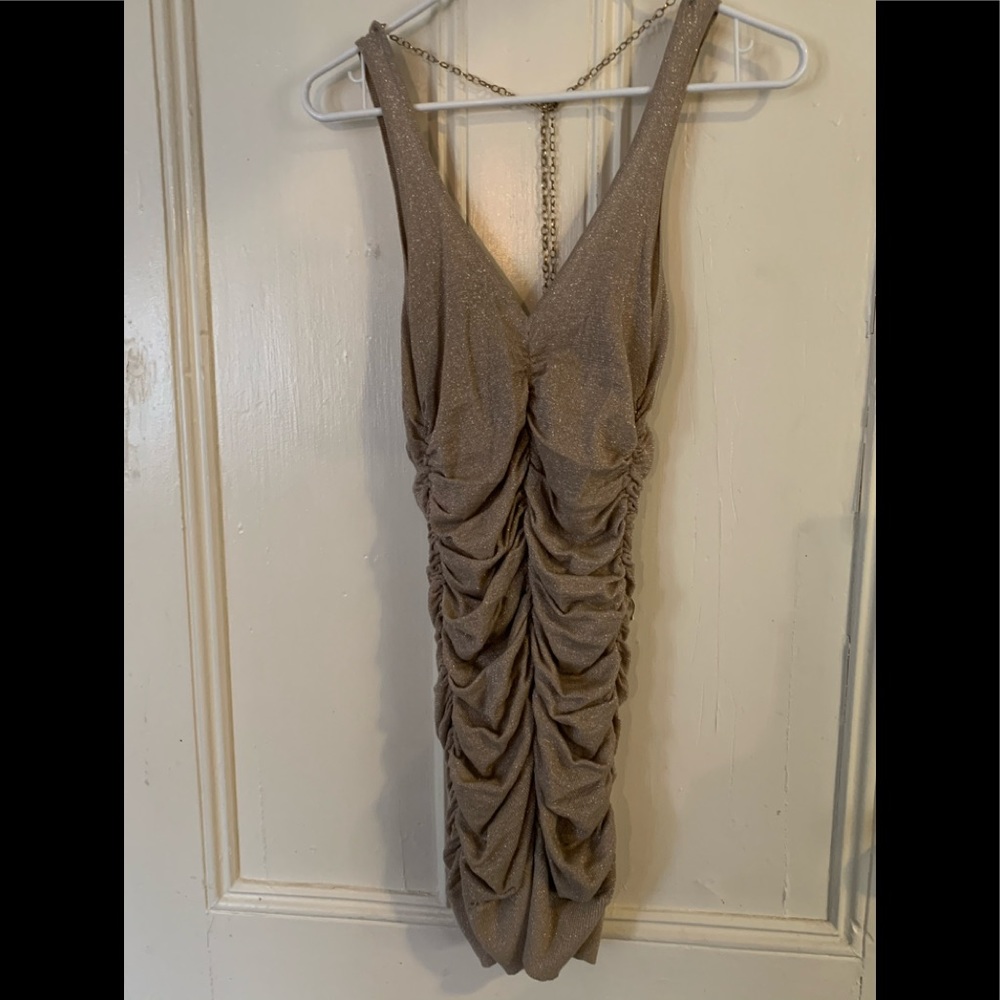 Bebe sparkly gold Ruched Dress